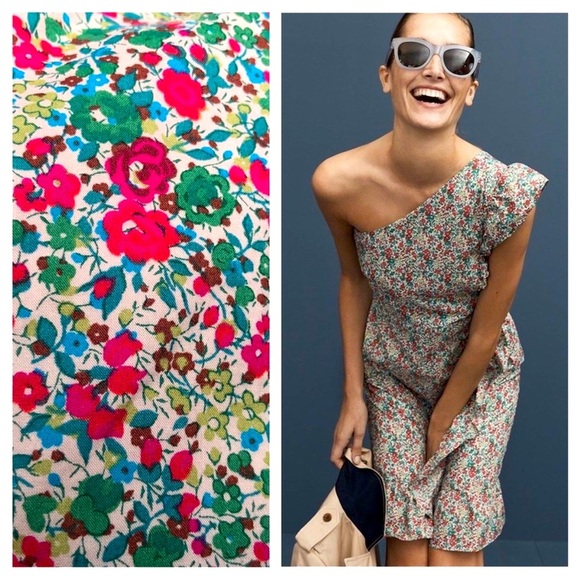 J Crew One Shoulder Dress Floral Print Ruffle Detail Skirt Cotton Size 6 - Picture 3 of 16